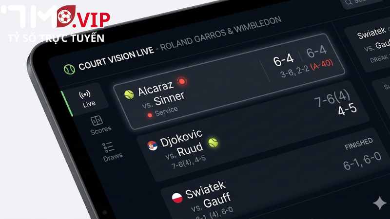 Giao diện 7M cập nhật tỷ số tennis theo từng giây.